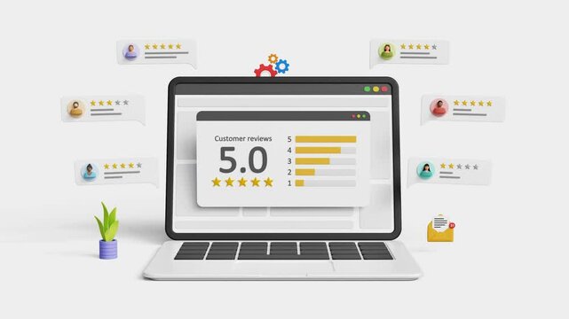 5 stars rating, quality service review, product or service rating, excellence customer feedback, online user experience. 5 stars rating with customer comments on 3D laptop. 4K 3D video animation