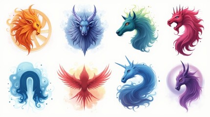 A collection of zodiac sign symbols in various artistic styles, with vibrant colors and mystical backgrounds, isolated on a white background
