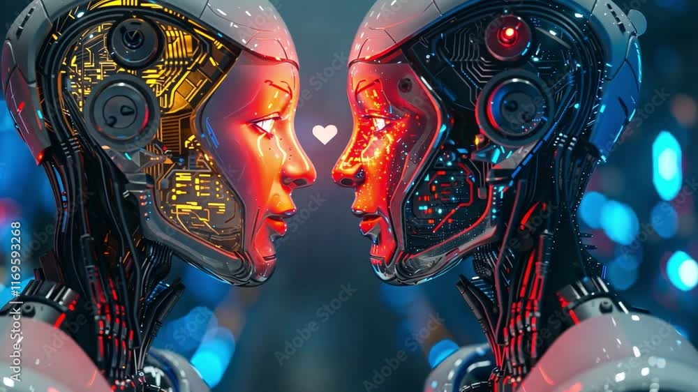 Leinwandbilder two advanced ai robots face each other, their faces illuminated with intricate designs and glowing h