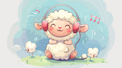 Cute Cartoon Little Sheep Listening to Music in Headphones