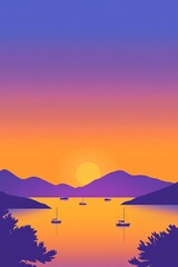 Fototapeta premium Serene sunset over mountain lake with boats