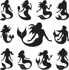 Silhouette mermaid icon vector illustration set collection