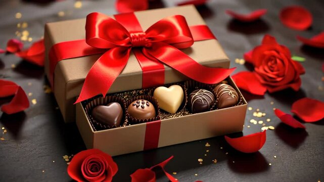 Romantic chocolate gift box with red bow and rose petals. Luxury Valentine's Day present with assorted pralines and truffles. Love and romance concept for holiday celebration with copy space