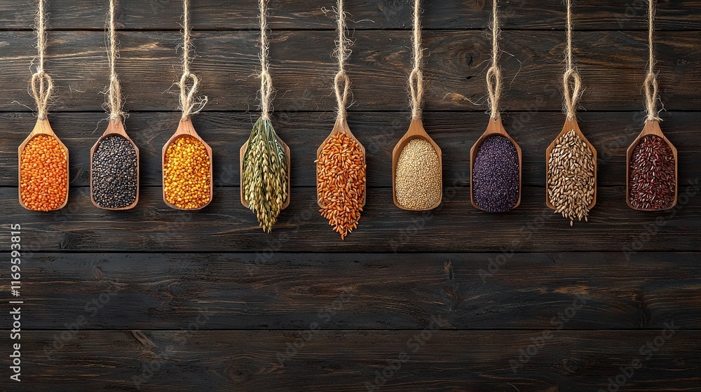 Poster a row of wooden spoons filled with various grains dangles from a string on a wooden wall beside a st