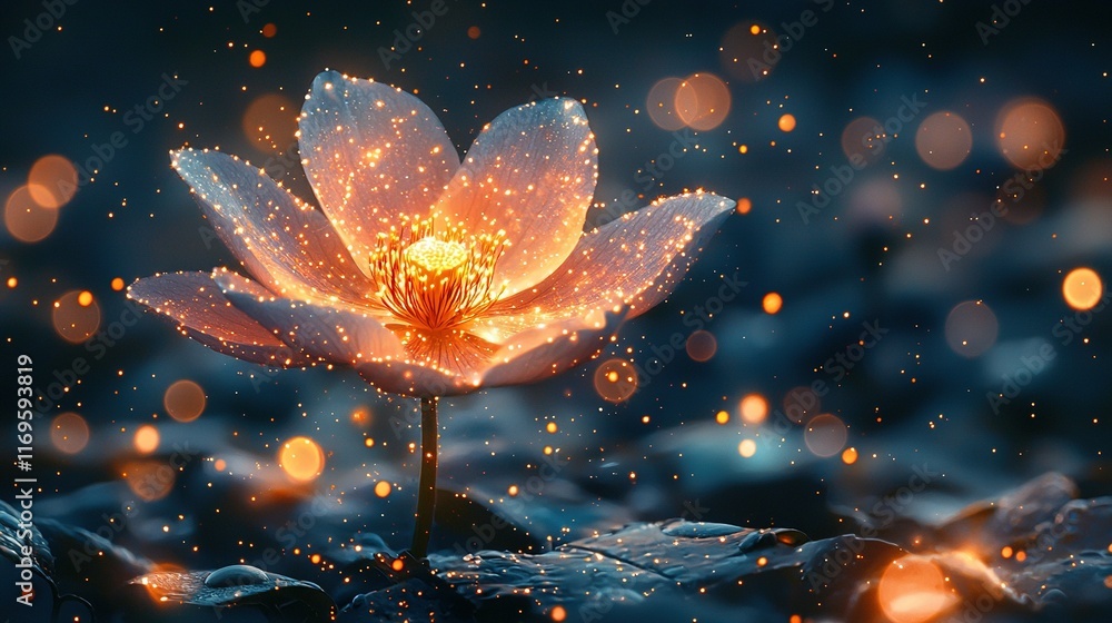 Aufkleber a detailed image of a bloom resting atop a watery expanse, illuminated by multiple surrounding sourc
