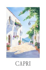 Sunny Capri alley with blooming flowers and sea view