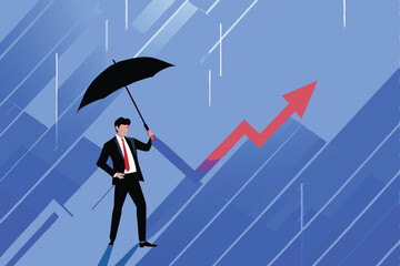 A businessman with an umbrella stands on a blue background with an upward red arrow symbolizing business growth during an economic crisis.