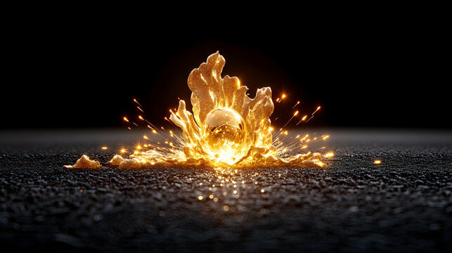 Glowing sphere exploding with golden fire sparks on dark surface.