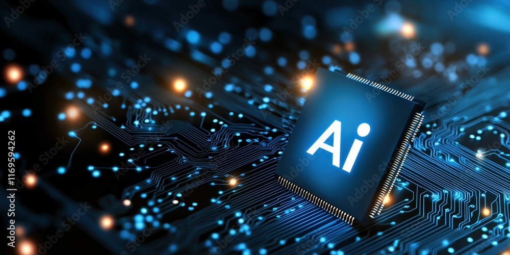 Poster modern artificial intelligence chipset on circuit board representing advancements in deep learning t