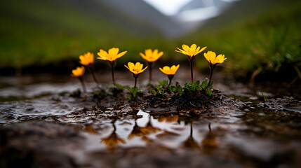 Yellow wildflowers reflected in a mountain puddle.