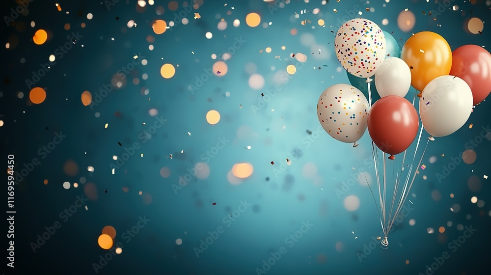 Poster a group of colorful balloons float above a blue backdrop, adorned with festive confetti and sparklin