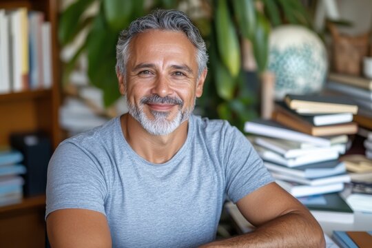A smiling man with a distinguished graying beard presents an approachable demeanor while seated at a desk, surrounded by books that reflect wisdom and experience.