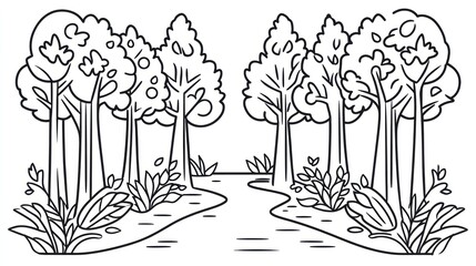 A Simple Line Drawing Of Trees And A Stream