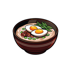 Create a realistic vector illustration of a bowl of silky congee with two poached eggs, green onions, and pea pods.