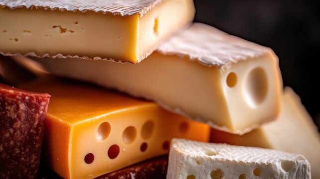 A diverse arrangement of artisan cheeses with unique textures and colors, presenting a visual feast for cheese enthusiasts and perfect for gourmet food showcases.