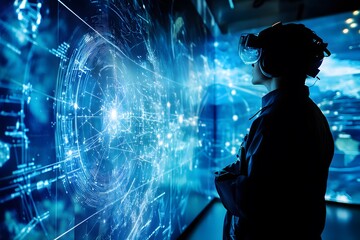 A glowing holographic display of a star chart in a futuristic classroom 