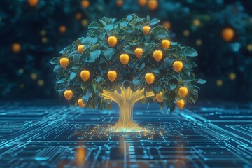 A digital holographic tree with glowing fruit labeled as knowledge categories.