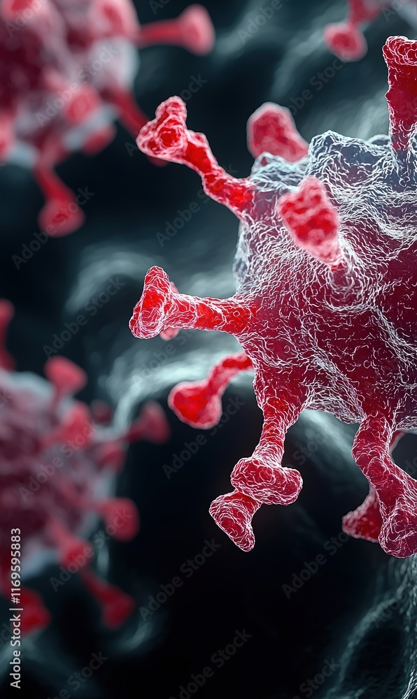 Poster microscopic view captures virus attacking a cell, showcasing the complexity of viral invasion proces