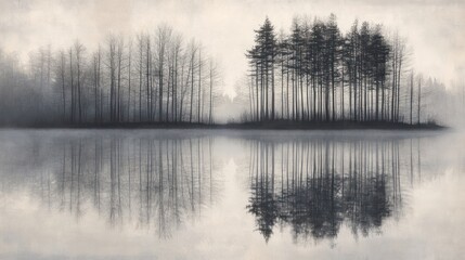 Fototapeta premium Twin Island Trees Reflected In Calm Water