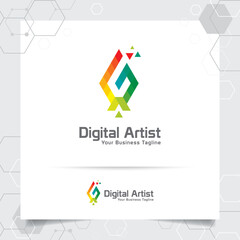 pencil artist logo design with triangle pixel color style for graphic designer