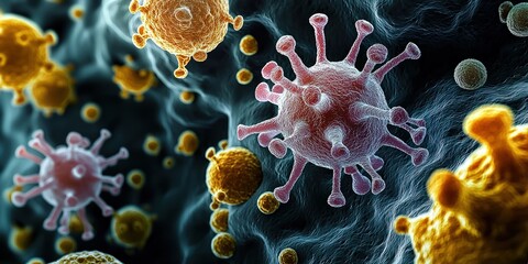 Microscopic view of a virus invading a host cell showcasing intricate structures and cellular interactions
