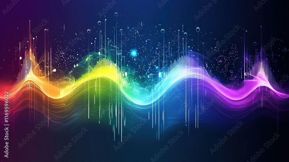 Poster colorful abstract fluid sound wave design reflecting audio technology and light frequencies in a vib