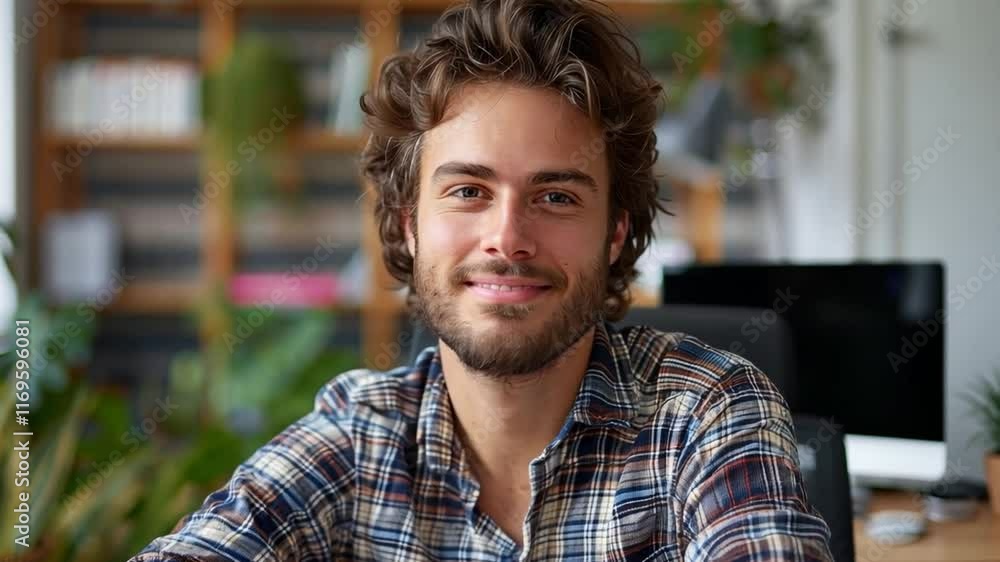 Aufkleber a young man with curly hair and a beard sits confidently, smiling in a vibrant workspace. the settin