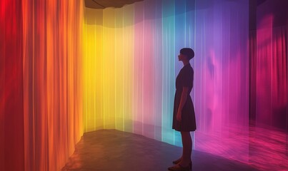 Silhouette stands amidst vibrant, translucent, rainbow curtains.
