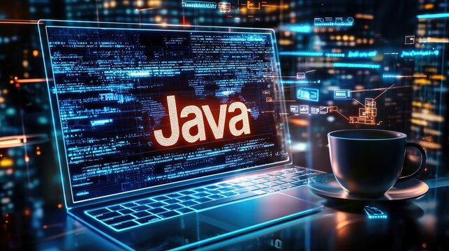 Computer screen displaying Java programming language with a coffee cup in a modern workspace at night