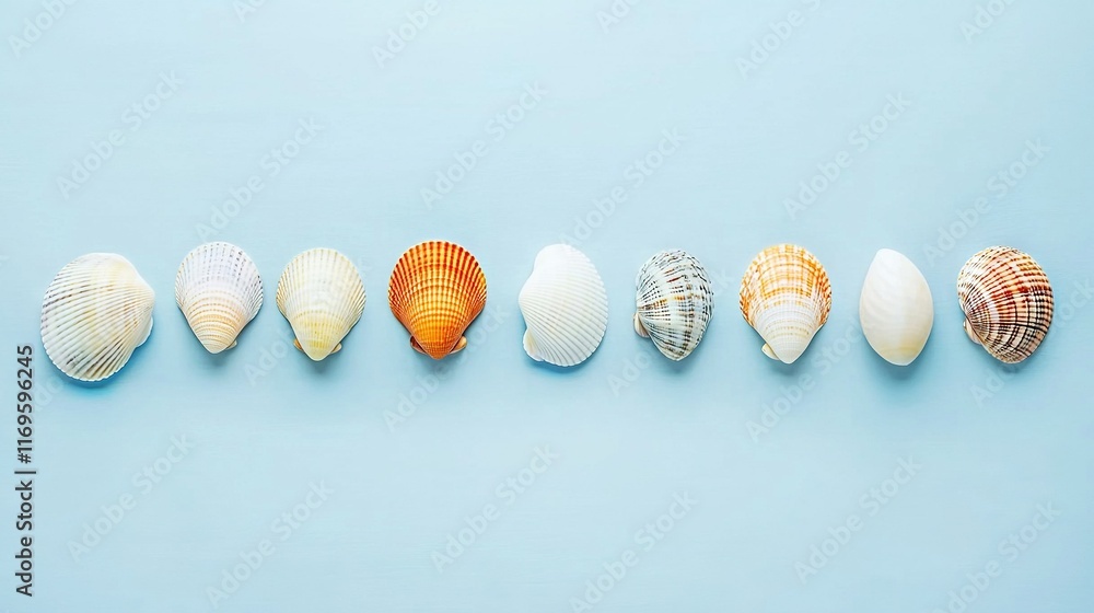 Poster blue background with seashells aligned in row and copy space in middle