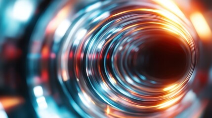 This image showcases a reflective tubular structure adorned with bright lighting, creating a stunning visual effect that symbolizes depth and exploration in an abstract space.