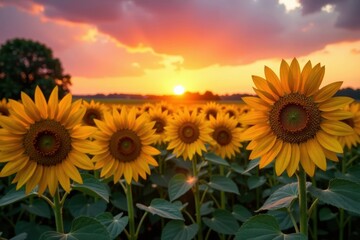 Obraz premium Sun-kissed sunflowers bathed in the last rays of a breathtaking sunset , peaceful, blossom, idyllic