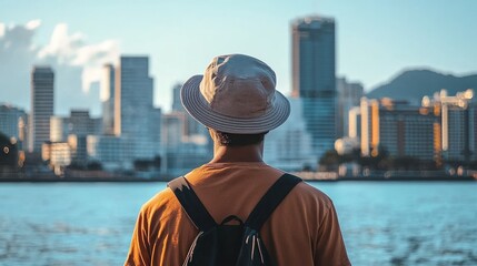 Young man in a bucket hat admires city skyline and water view on a sunny day