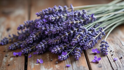 Rustic Lavender Bunch on Wooden Surface Closeup Photography