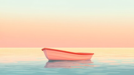 Naklejka premium Small pink boat floating on calm water during sunset