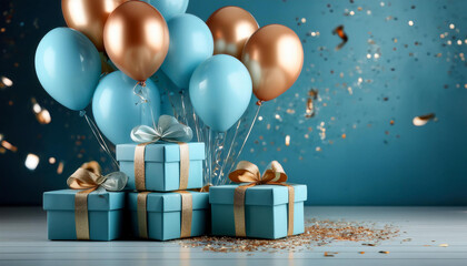 happy birthday for you with present bins and balloons celebration balloons balloons and confetti card heritage mockup blue present box with ribbon