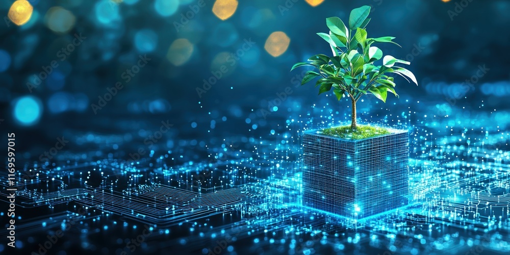 Poster green technology converges with digital innovation as a tree grows on a circuit cube in a blue, wire