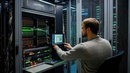 Technician monitors data processing in modern server room with vibrant lights