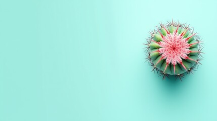   A cactus on a blue background, with a pink flower atop its head