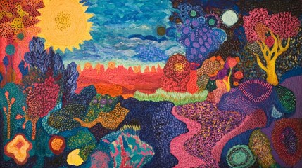 Fototapeta premium Vibrant abstract landscape; sun, colorful flora, textured paint.