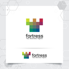 Castle logo design with modern colorful pixel style. Fortress vector illustration.