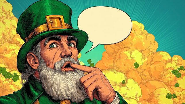 Leprechaun with green hat pointing finger on his mouth and blank balloon for Saint Patrick’s Day - Powered by Adobe