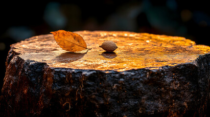 Fototapeta premium Autumn leaf and seed on wet, golden stump.