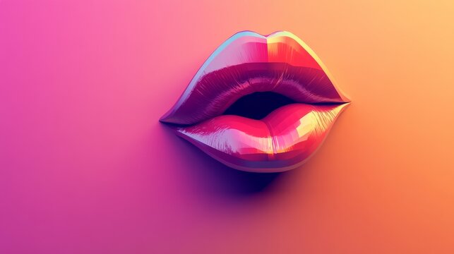 Glossy lips showing kissing or talking gesture on gradient background