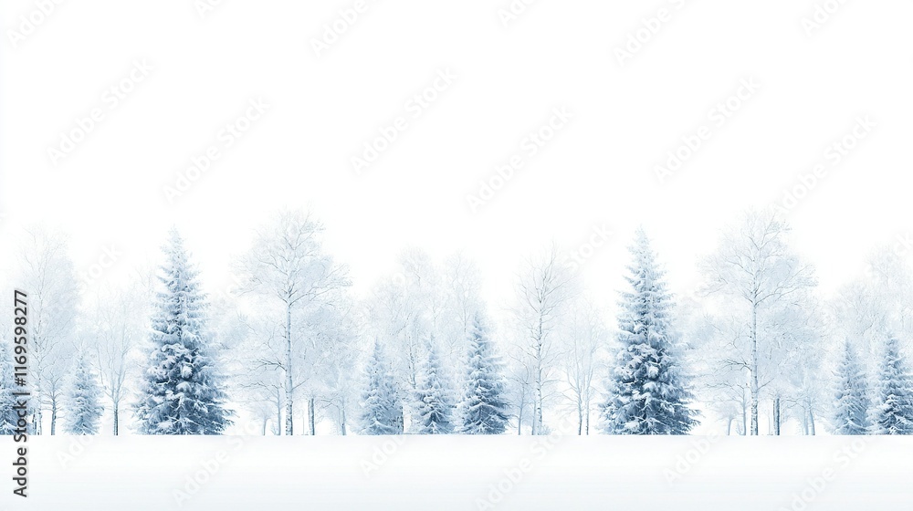 Poster a snowy landscape with trees in the foreground and a white sky in the background featuring a few clo