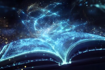 Conceptual angle of knowledge streams flowing into a glowing education portal