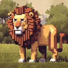 Pixel art of a lion standing in a grassy field with a castle silhouette in the background.