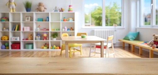A wooden tabletop in the foreground with a bright, colorful, and playful classroom setting in the blurred background, perfect for educational visuals.