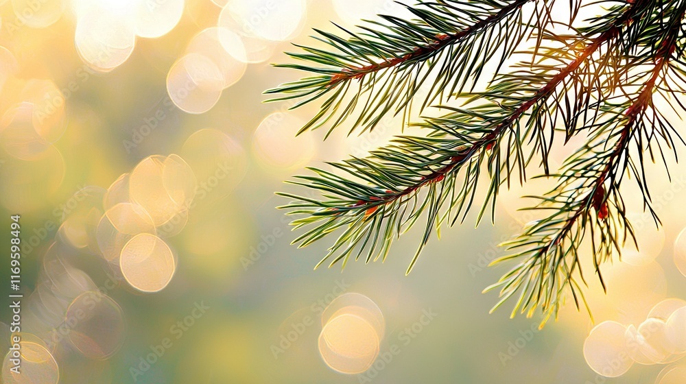 Aufkleber close-up image of a pine tree branch with a blurred background of bokeh lights