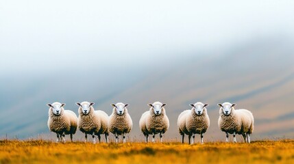 Fototapeta premium Sheep grazing in a green field with a tall hill in the background